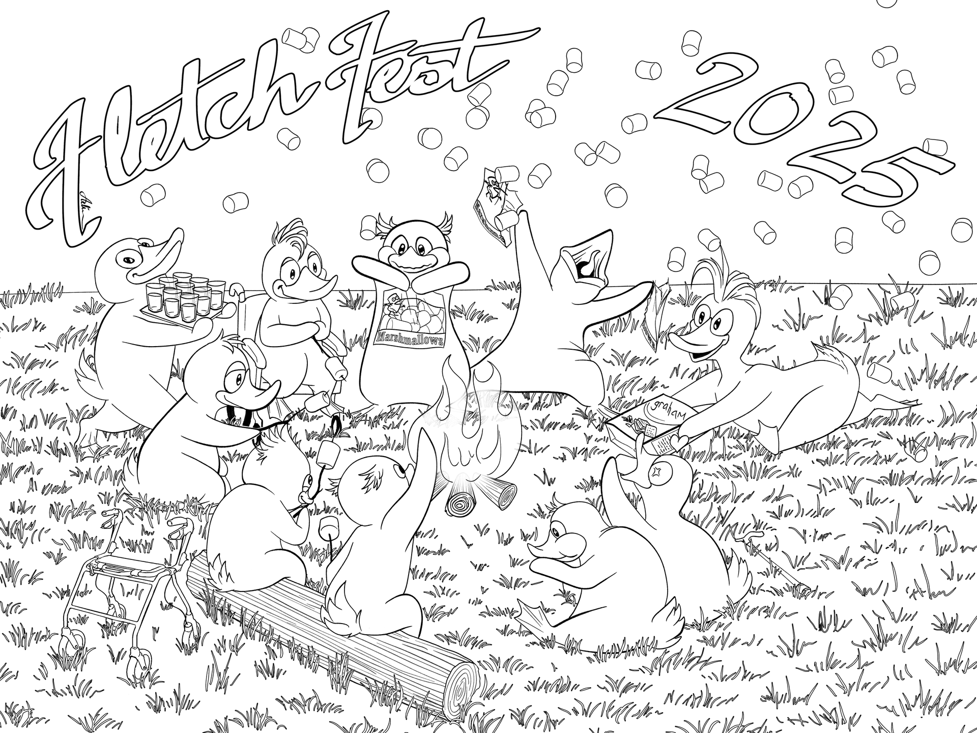 Ducks celebrating around a campfire. Black lineart on white background.