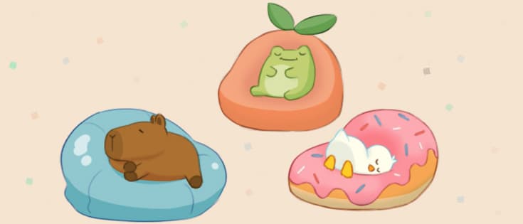 A capybara, frog, and duck all sleep on comfy beanbag chairs.