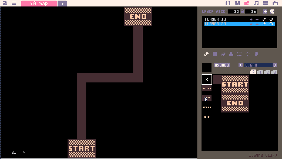 Picotron&rsquo;s map editor with layer 2 visible